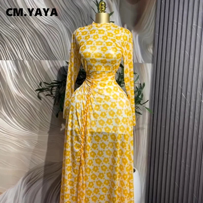 CM.YAYA Summer Floral Printed Women Long Sleeve Elegant Drawstring Ruched Up Maxi Long Dress Night Club Party Dresses Vestidos