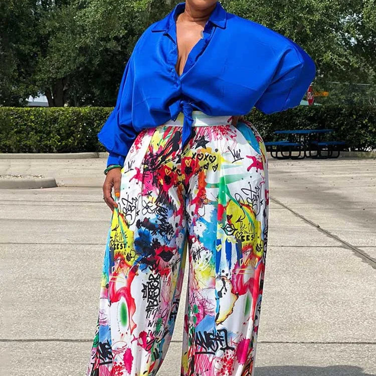 2piece Woman Outfit Streetwear Blue Silk Blouses Women Plus Size Autumn Top and Pants Suits 4xl Casual Female Pants Sets Blue