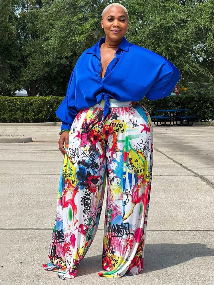 2piece Woman Outfit Streetwear Blue Silk Blouses Women Plus Size Autumn Top and Pants Suits 4xl Casual Female Pants Sets Blue