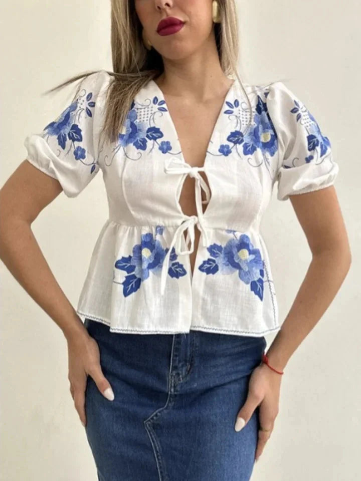 Fashion Print Bow Lace Up Women Blouses Loose V-neck Short Puff Sleeve Female Shirts Spring Summer Casual Lady Flower Tops