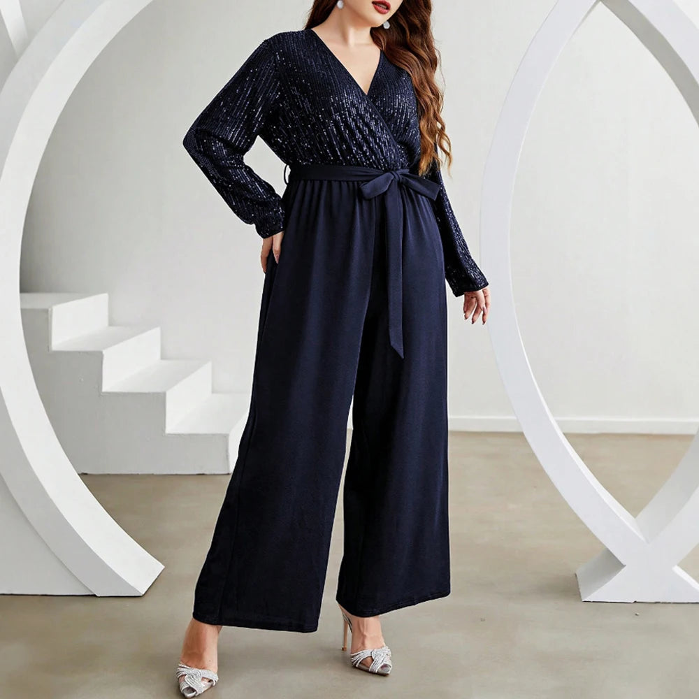 Plus Size Rafiah Women's Summer 2025 Sets Deep V-Neck Sequin Top Wide Leg Palazzo Pants Bow Tie Waist Evening Collection Sets