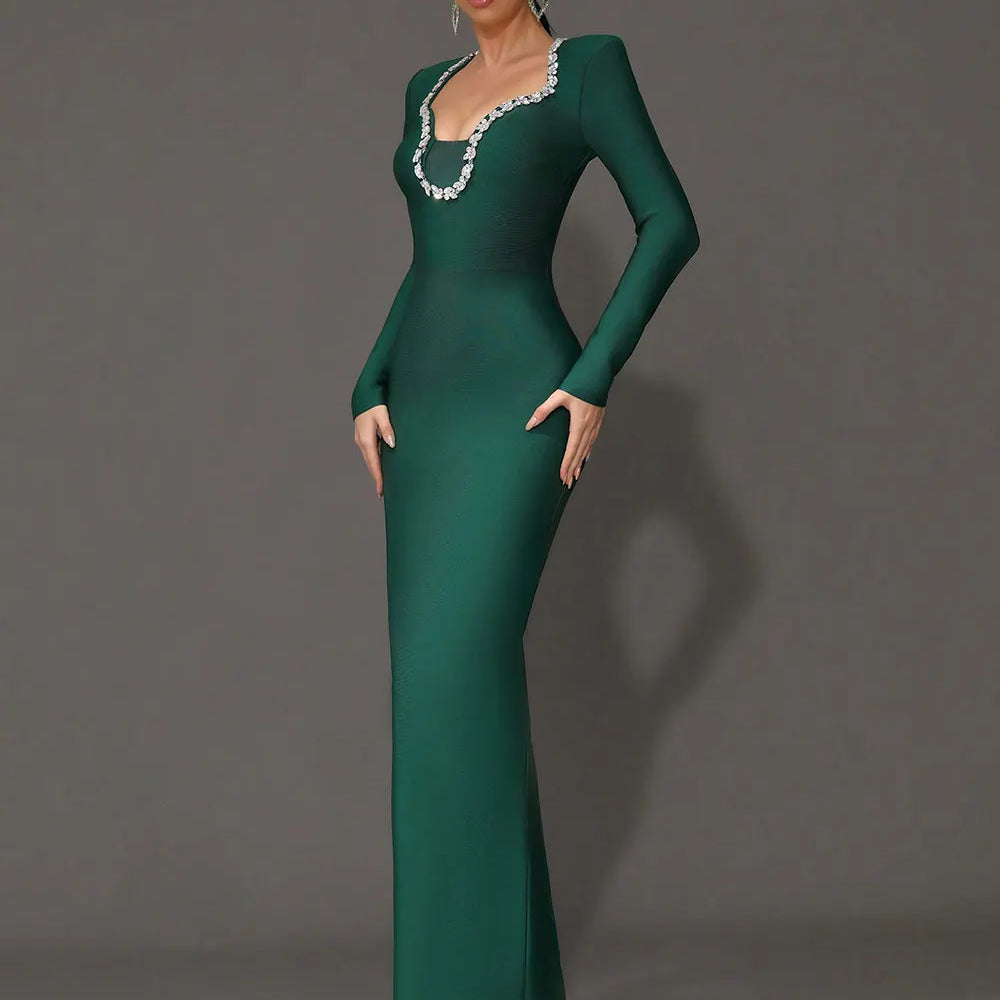 2025 Elegant Women's Light Luxury Nail Diamond Design Bandage Dress U Neck Long Sleeve Bodycon Long Dress Evening Party Vestidos