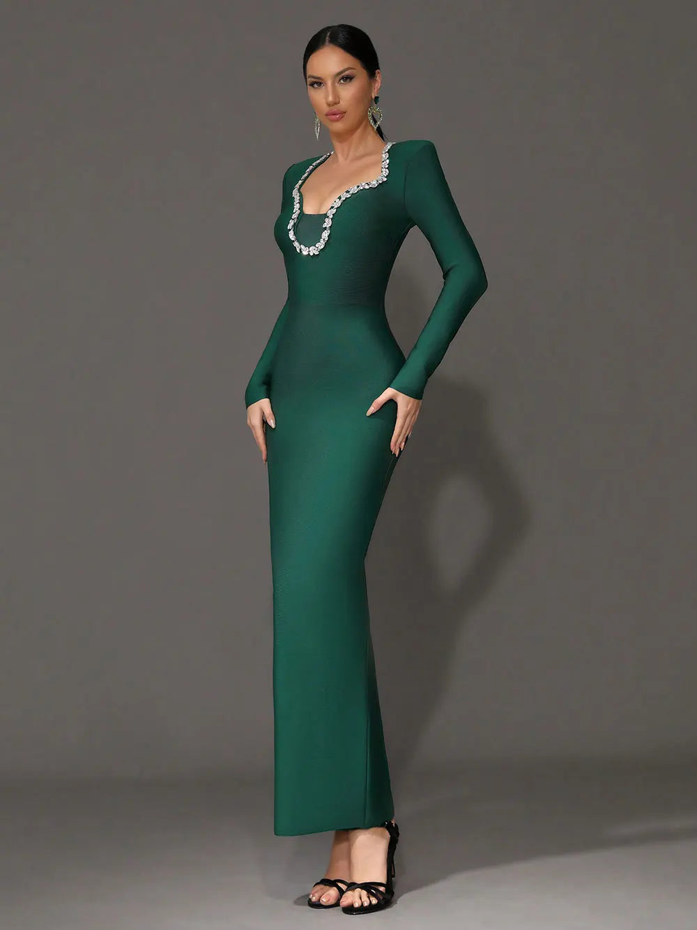 2025 Elegant Women's Light Luxury Nail Diamond Design Bandage Dress U Neck Long Sleeve Bodycon Long Dress Evening Party Vestidos