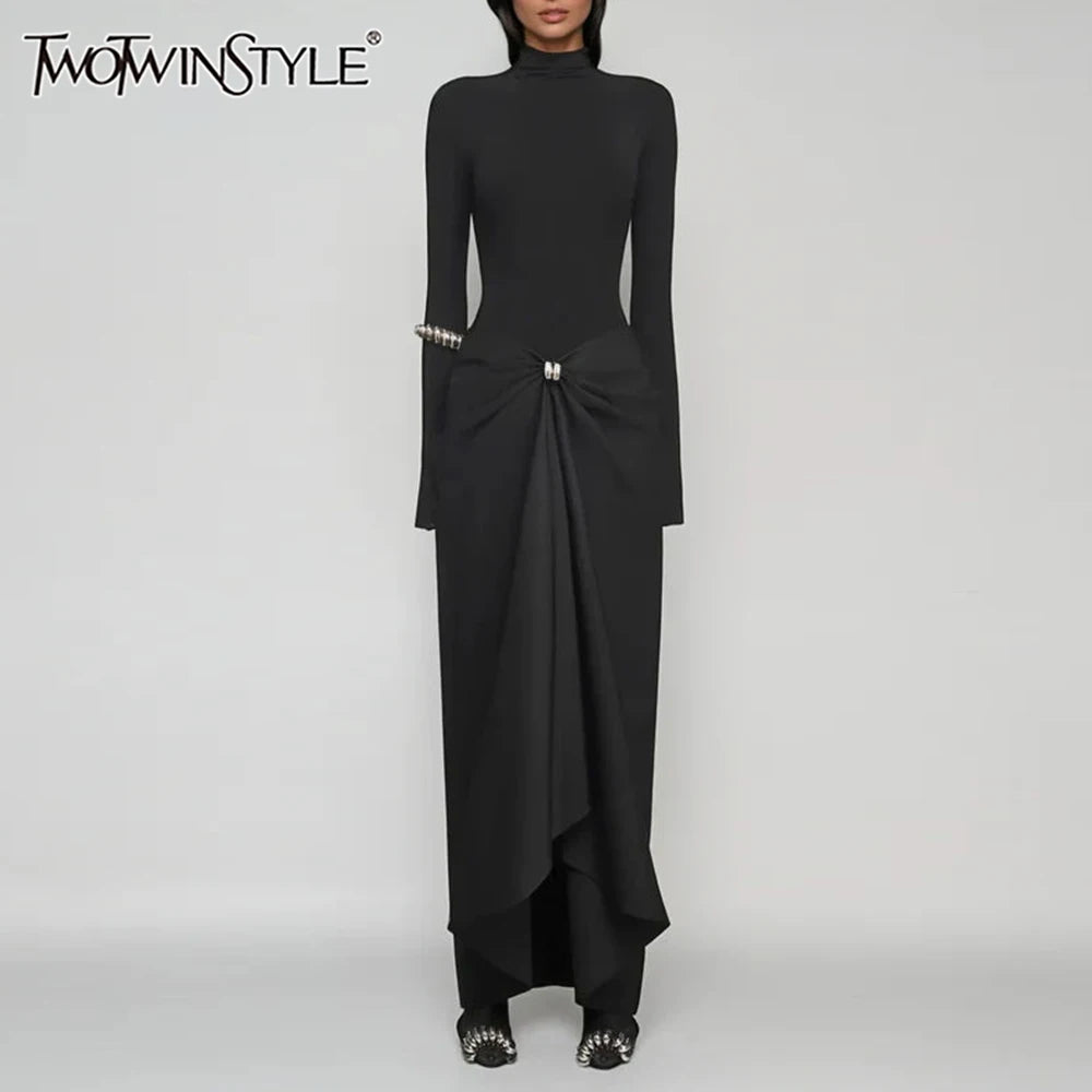 Slimming Two Piece Sets for Women High Neck Long Sleeves Minimalism Top High Waist Patchwork Folds Skirt Female New