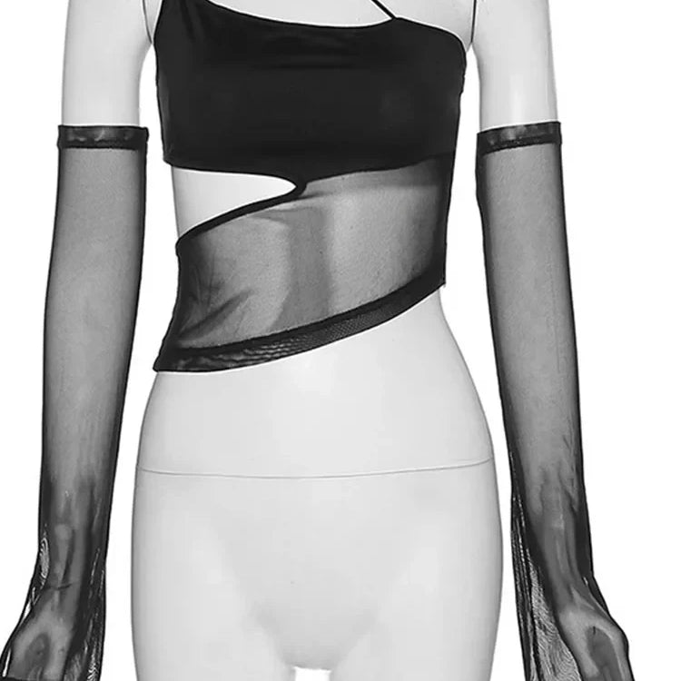 Asymmetrical Cut Out Mesh Crop Top with Sleeves Fairy Grunge Clothes Transparent Camisole Tank Tops