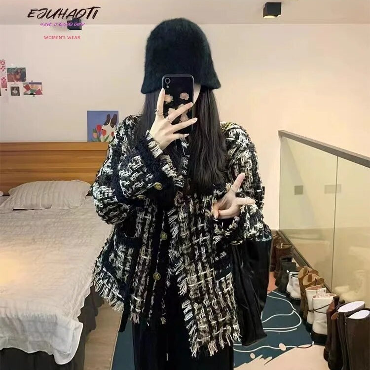Women's Coat New French Style Small Fragrance 2024 Autumn Winter Retro Weave Tassels Temperament Tweed Tops Jacket