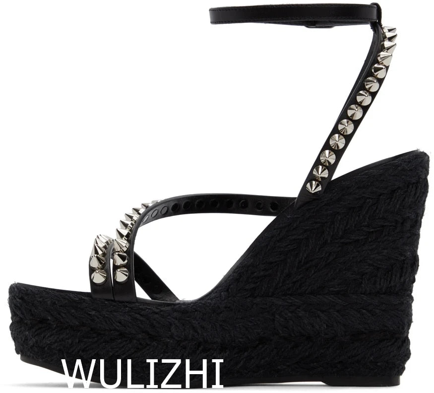 Women&#39;s Candy Color Rivet Design Wedge Sandals Summer Casual Open Slingback Platform Pink Yellow Sandals Cross Wrap Buckle Shoes as picture 1