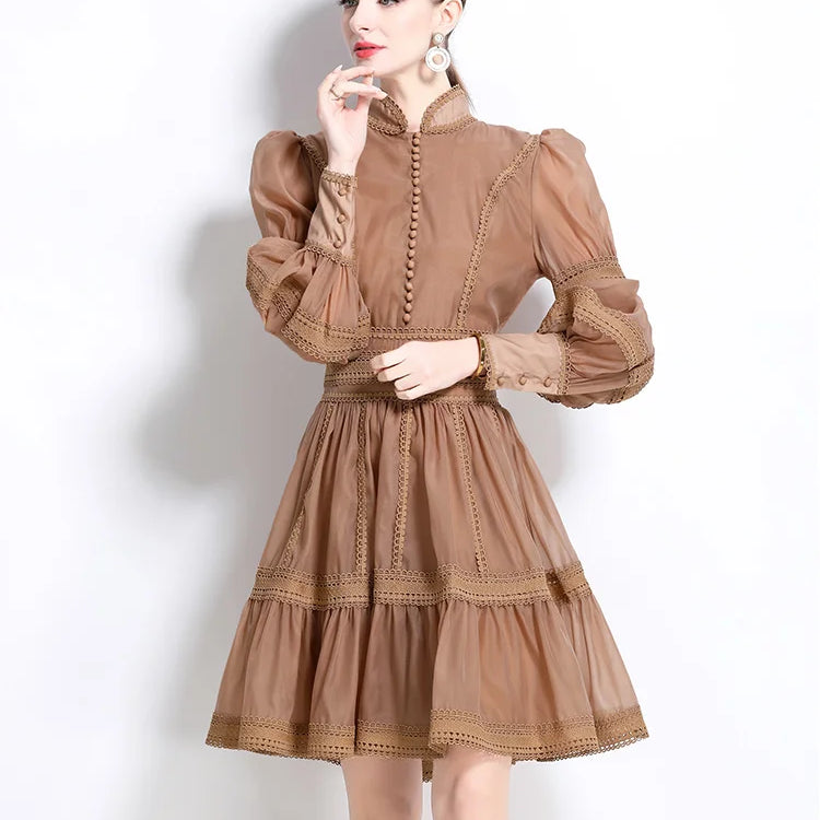 Autumn Elegant Hollow Out Embroidery Lace Splice Mini Dress Women's Stand Lantern Sleeve Buttons Evening Party Robe Vestidos khaki