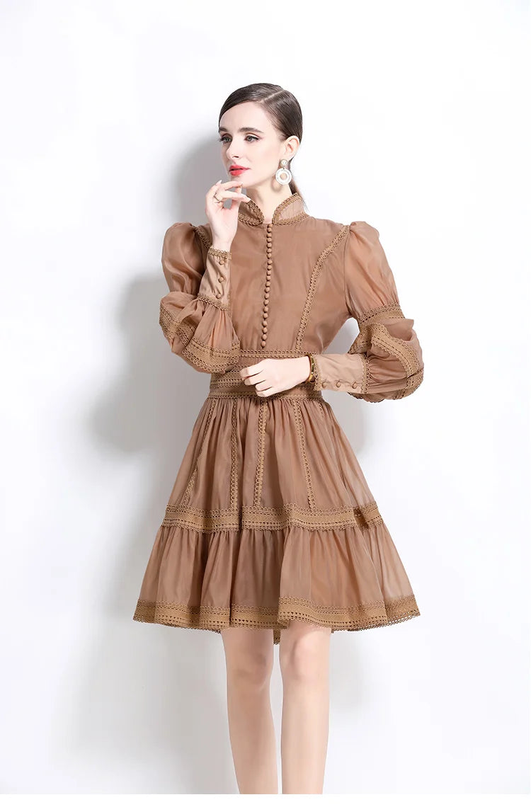 Autumn Elegant Hollow Out Embroidery Lace Splice Mini Dress Women's Stand Lantern Sleeve Buttons Evening Party Robe Vestidos khaki