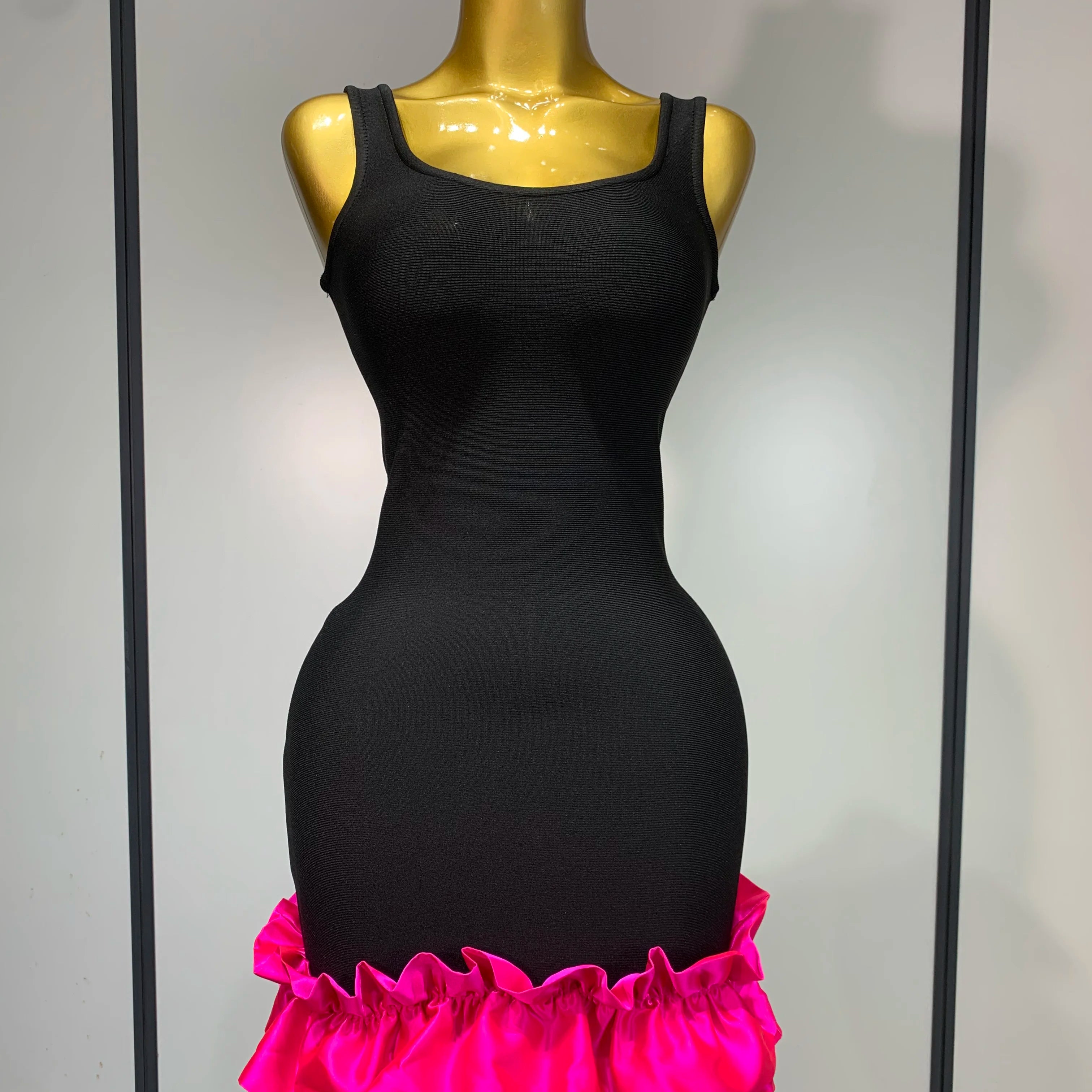 Women Formal Party Spaghetti Strap Bodycon Black Ruffle Sleeveless Bandage Dress Elegant Prom Gown Club Evening Party Dresses rose red