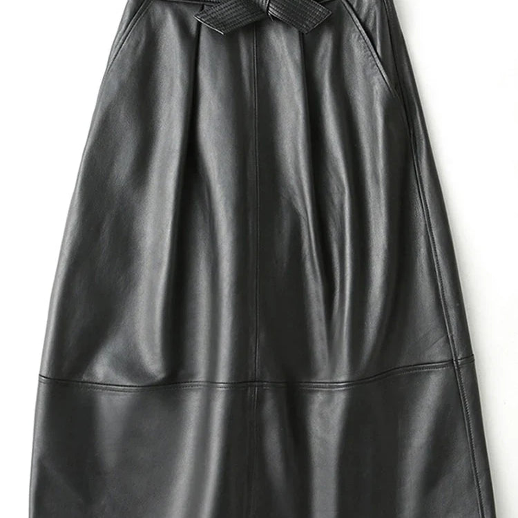 Spring Black Long Luxury Clothes for Women with Sashes High Waist A Line Midi Pu Leather Skirt Runway High Fashion 2023