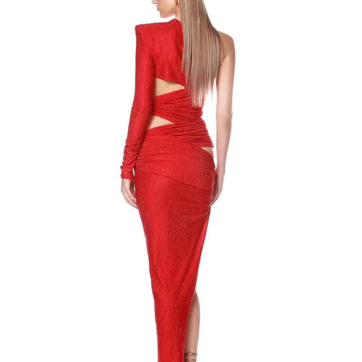 Shinning Rhinestones Women Sexy One Shoulder Bodycon Long Dress Wedding Memaid Party Celebrate Cocktail Dress Vestido