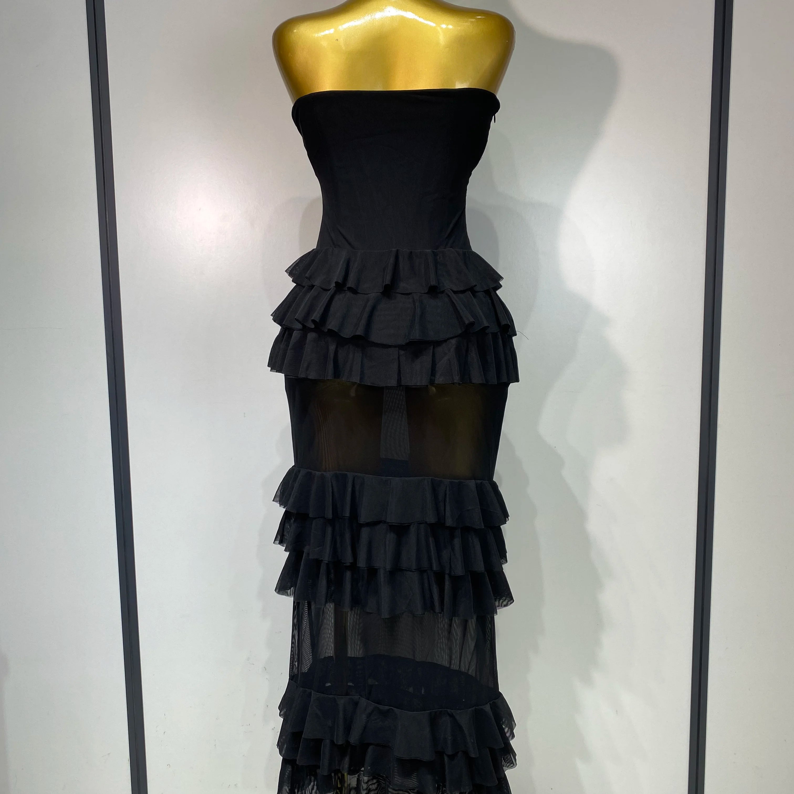 Women Sexy Strapless Ruffles Long Dress Black Backless Mesh See Through Design Dresses Evening Party Cocktail Birthday Dress