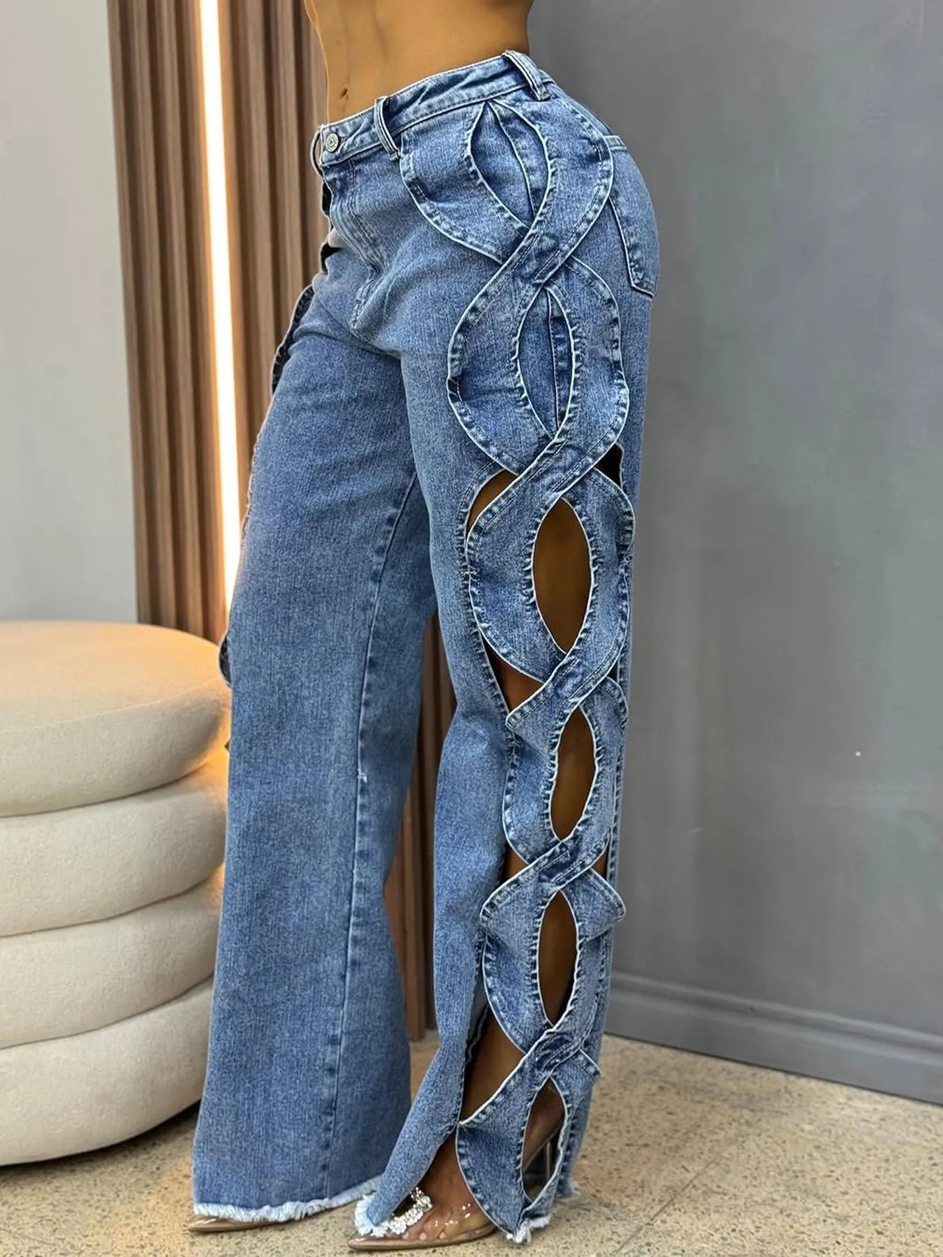Women Streetwear Cutout Hollow Out Criss Cross Side Wide Leg Blue Denim Pants 2025 Fashion Sexy Party Jeans Trousers Blue