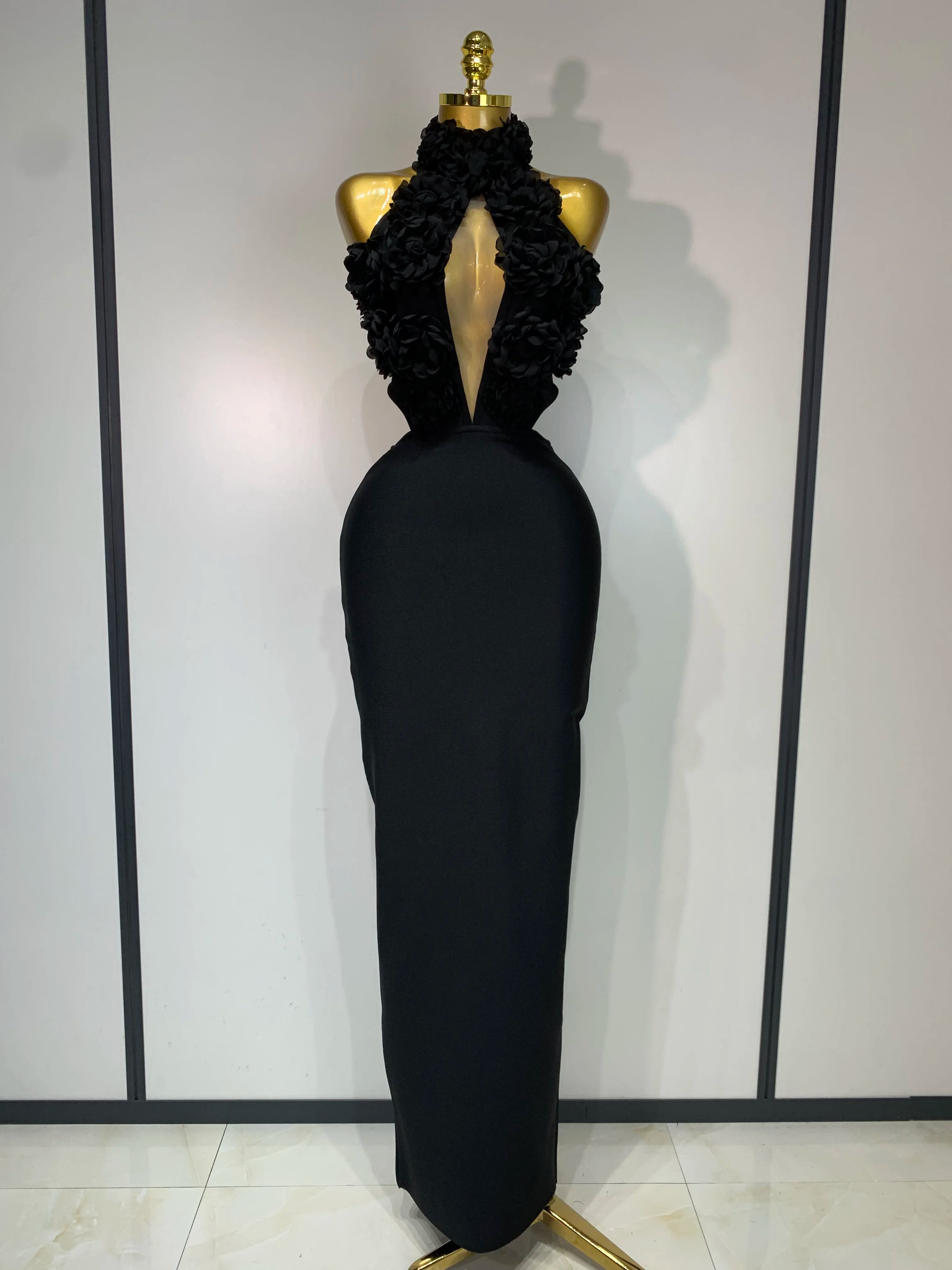 Women Sexy Halter Hollow Out Flowers Bodycon Bandage Dress Red Backless Celebirty Elegant Party Luxury Birthday Wedding Dresses black