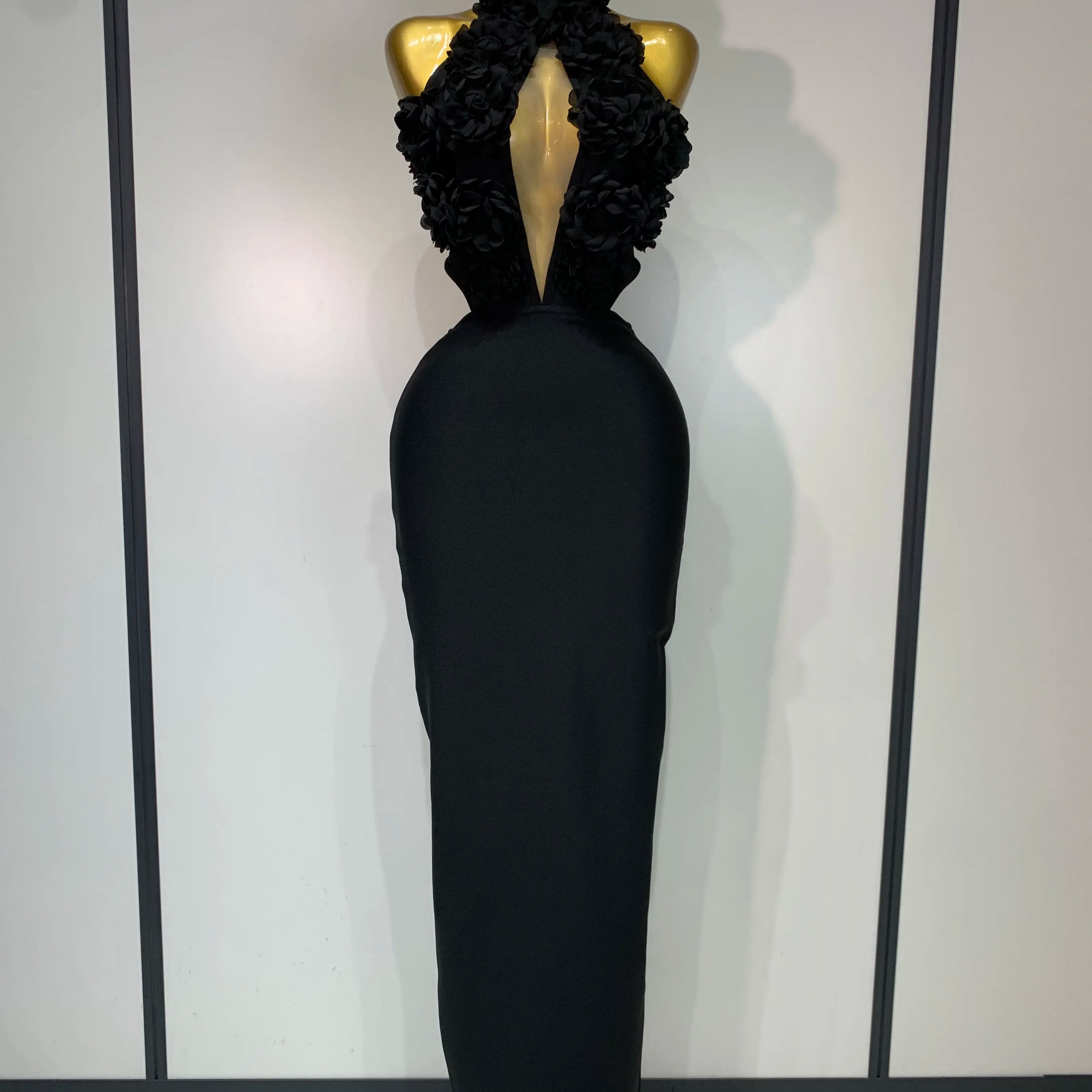 Luxury Birthday Dress Women Celebrity Sexy Halter Backless Flower Long Bandage Bodycon Dress 2025 Elegant Evening Party Outfit ﻿ black