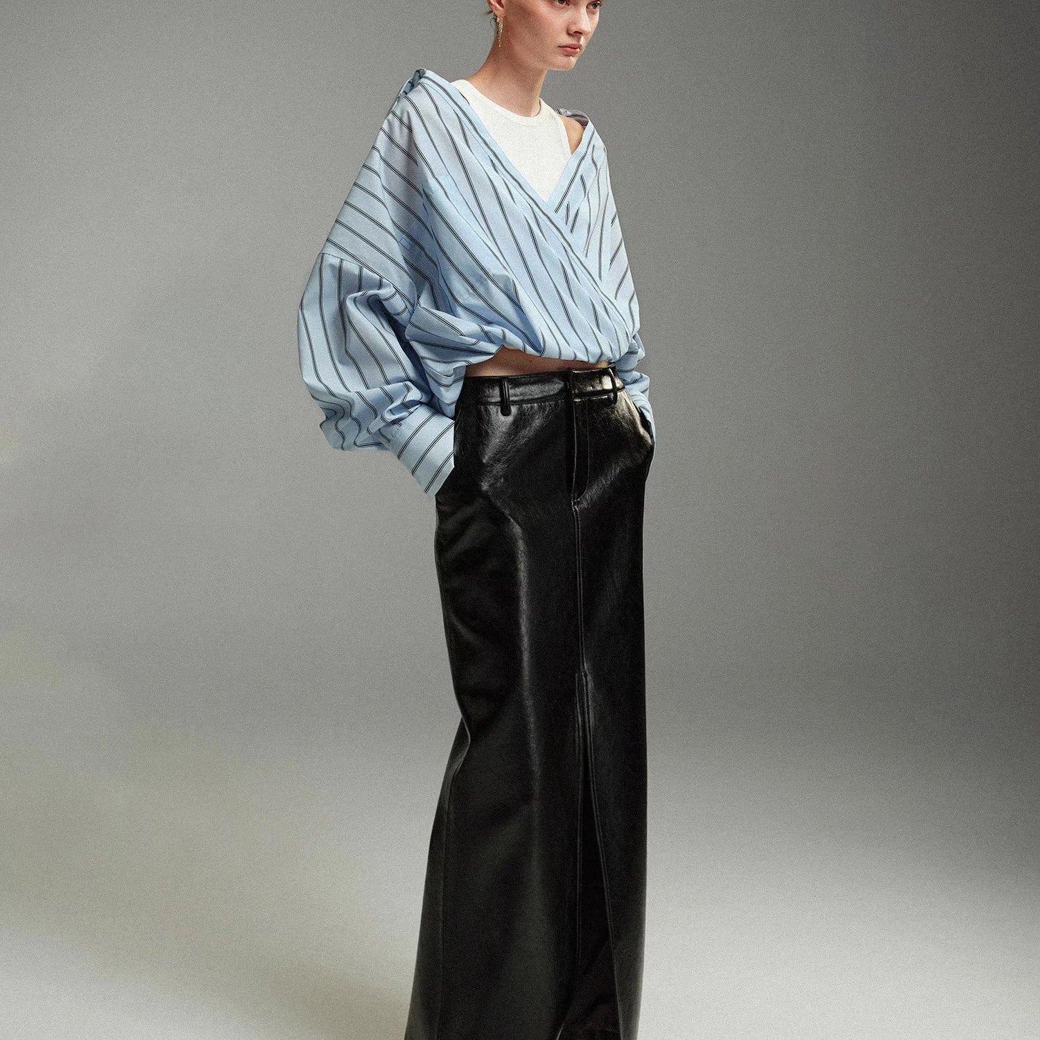 Lautaro Spring Autumn Shiny Black Pu Leather Maxi Skirt Women with Front Slit High Waist Extra Long Luxury Designer Clothes 2025 Black