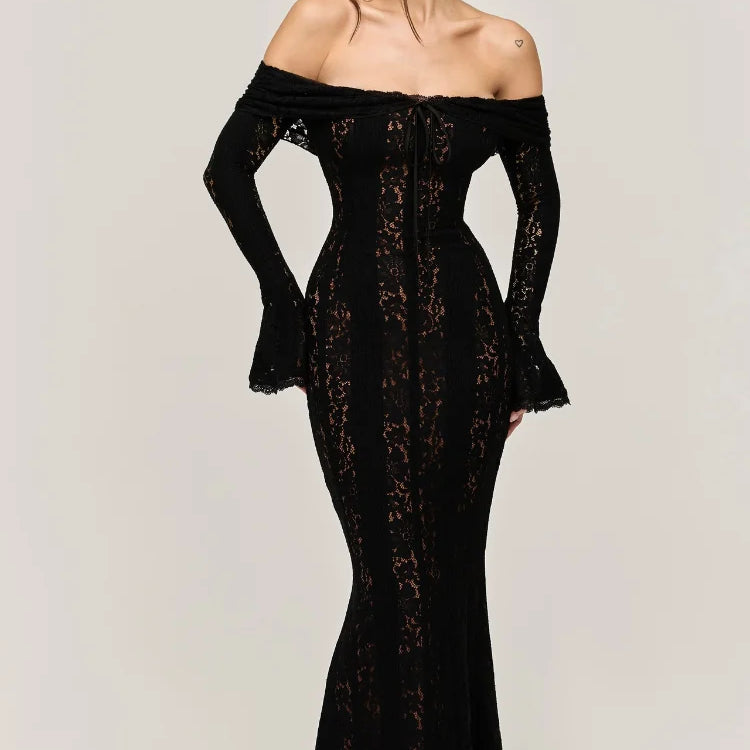 Vintage Cream Floral Lace Off Shoulder Maxi Dress Fashion Flare Long Sleeve Hollow Out Slim Dresses 2024 Elegant Lady Party Robe Khaki