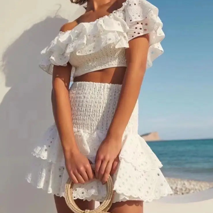 New embroidered hollowed lotus leaf elastic jacket + elastic lotus leaf cotton embroidered cake skirt 2-piece set of moisture WHITE