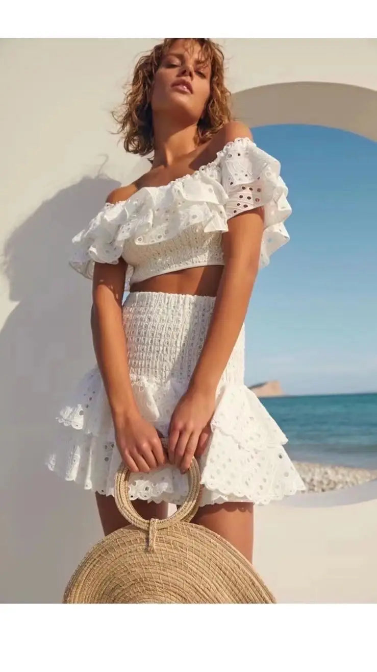 New embroidered hollowed lotus leaf elastic jacket + elastic lotus leaf cotton embroidered cake skirt 2-piece set of moisture WHITE