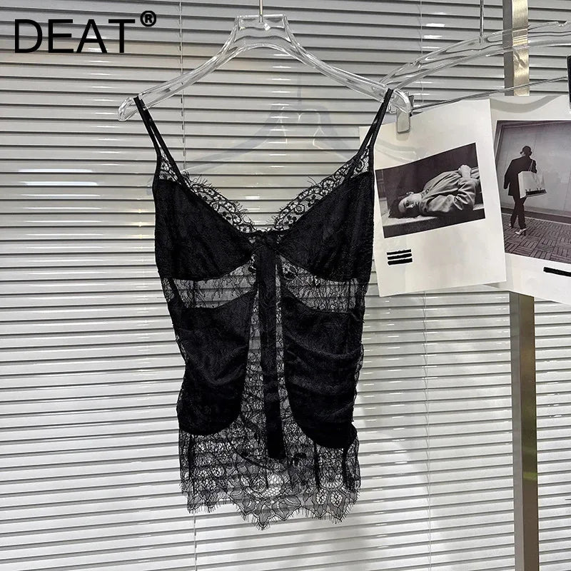 Winter New Fashion Lace See-through Patchwork Zipper Design Camisole For Women Versatile Backless Tank Top 11A07482