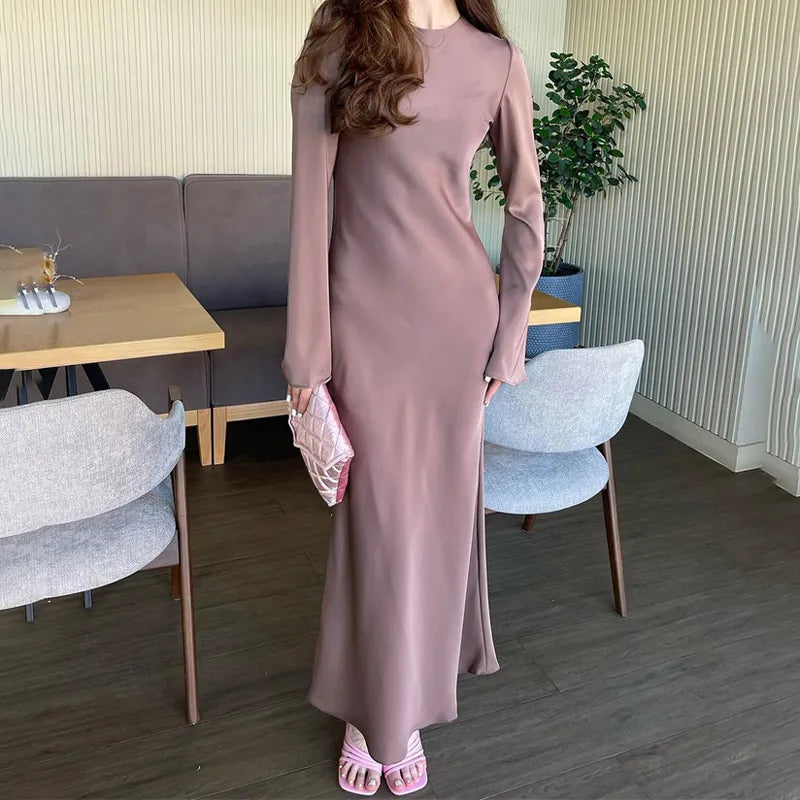 Satin Fashion Slim Maxi Dress For Women Long Sleeve High Waist Elegant Solid Party Dress Casual Luxury Ladies Autumn Dress Pastel violet