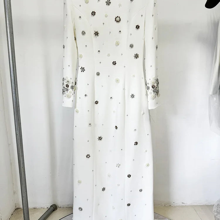 2025 New Spring Women Long Sleeve Beading Crystal Fashion Slim Long Maxi Dress Celebrate Elegant Evening Party Cocktail Dress WHITE
