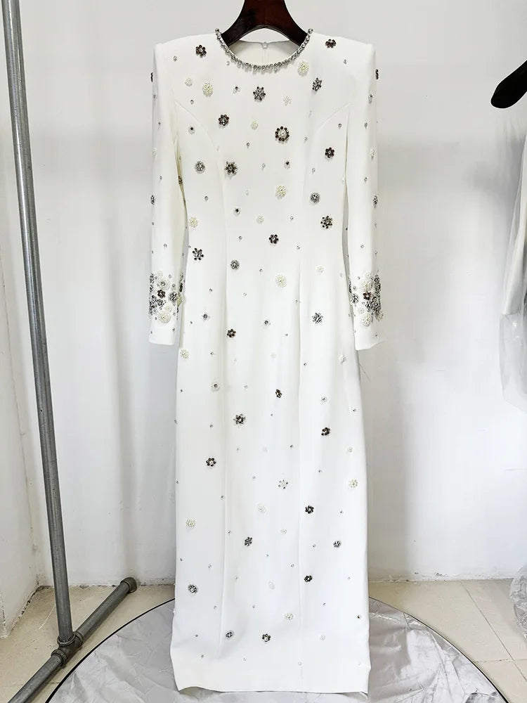 2025 New Spring Women Long Sleeve Beading Crystal Fashion Slim Long Maxi Dress Celebrate Elegant Evening Party Cocktail Dress WHITE