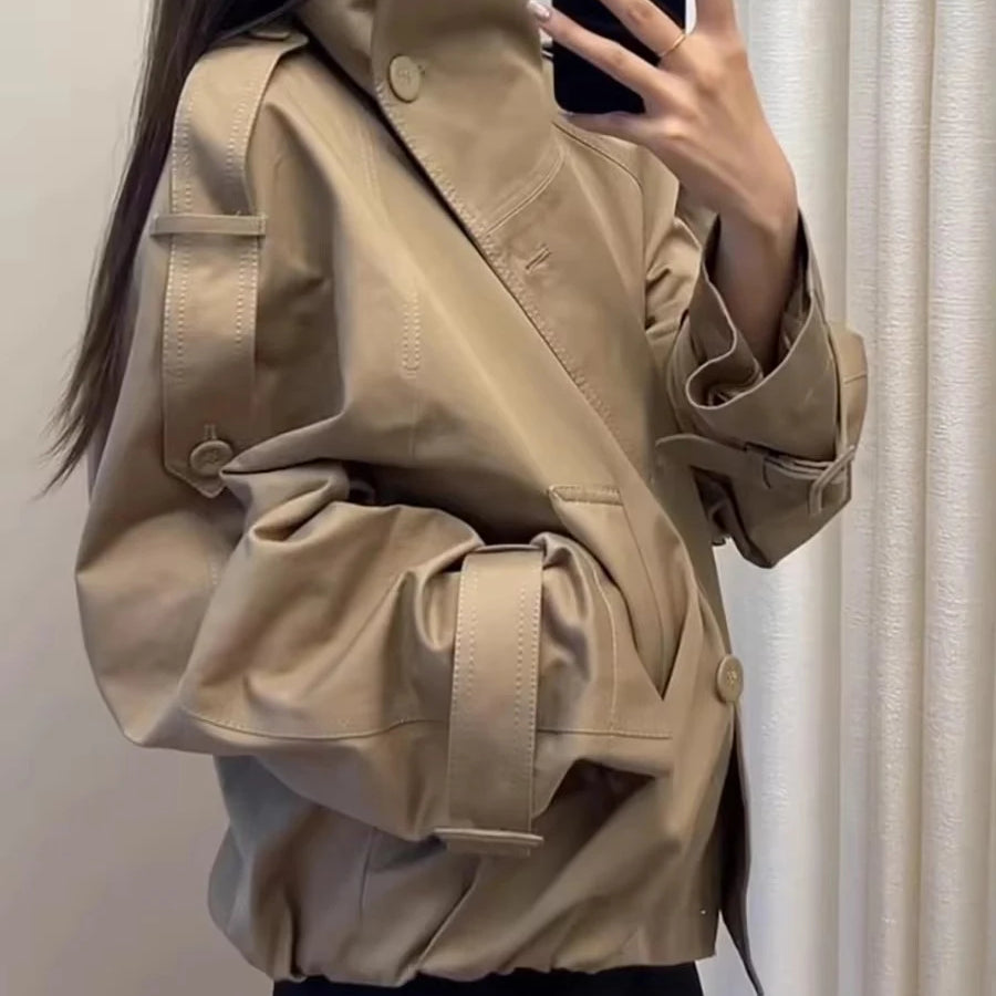 Lautaro Autumn Cool Short Oversized Khaki Jacket Coat Women Stand Collar Double Breasted Loose Casual Korean Fashion Clothes