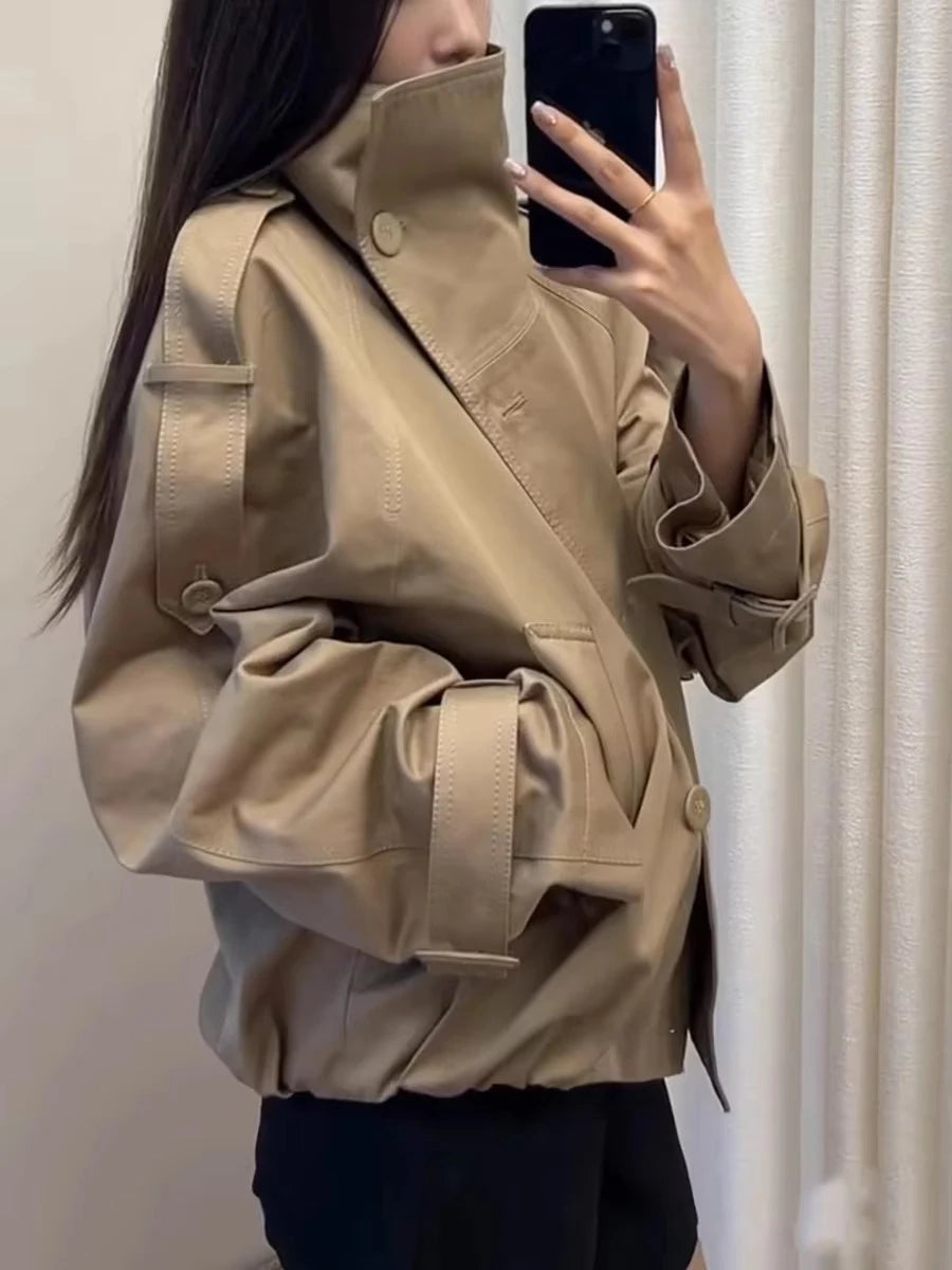 Lautaro Autumn Cool Short Oversized Khaki Jacket Coat Women Stand Collar Double Breasted Loose Casual Korean Fashion Clothes