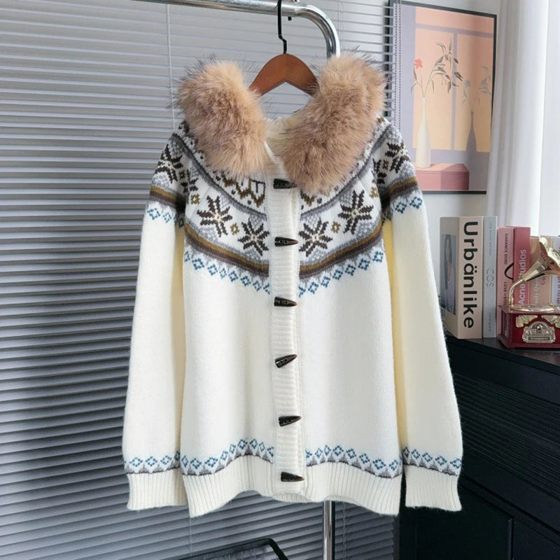 New Autumn Winter Fur Collar Hooded Sweater Coat For Women Loose Contrast Color Knitted Cardigan Female Trend 11A07546 beige One Size
