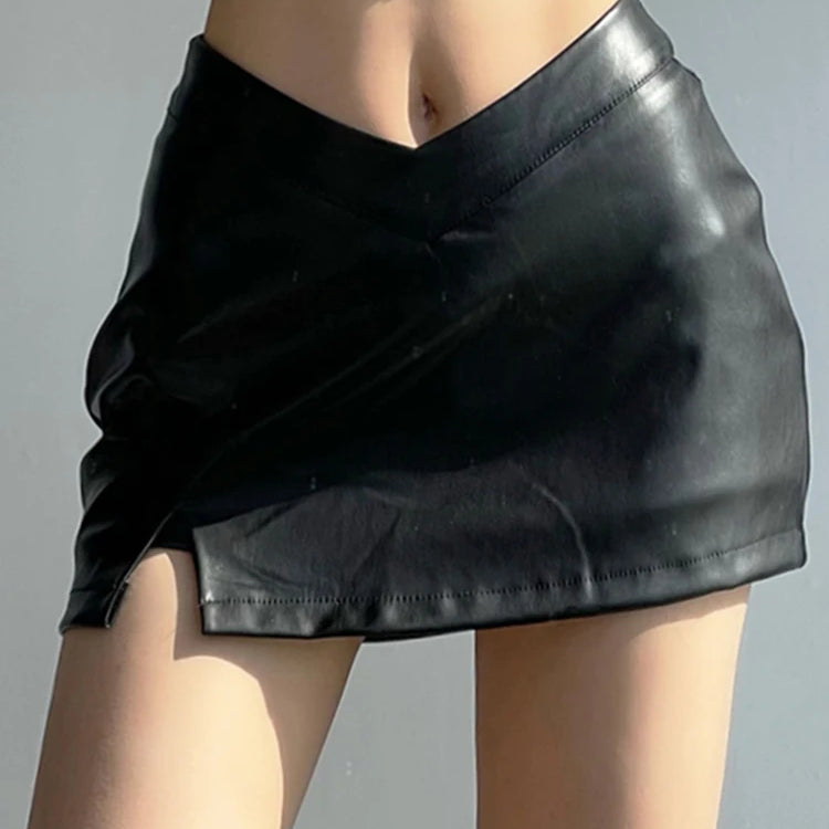 Lautaro Black Soft Stretchy Lightweight Pu Leather Mini Skirt Women with Slit Low V Waist Sexy Short Summer Luxury Chic Clothes Black