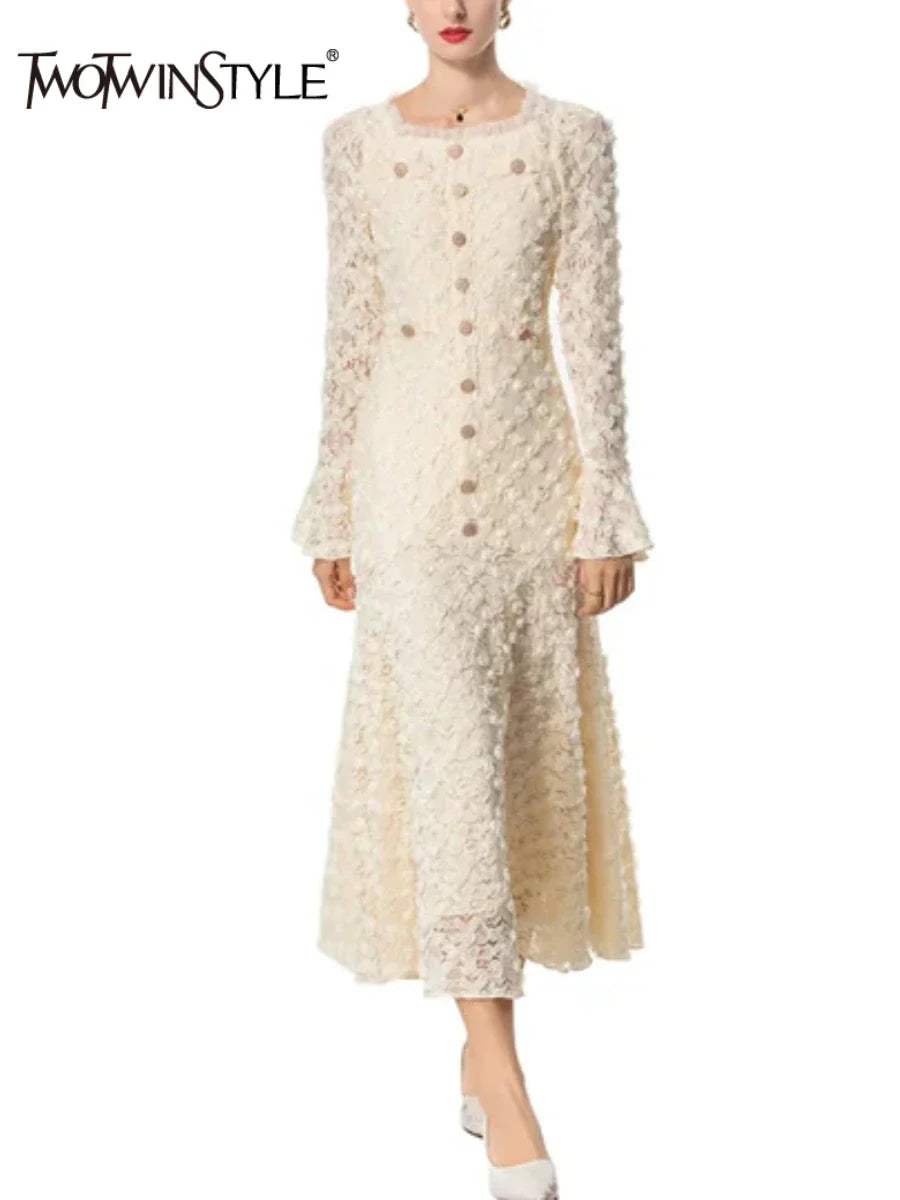 Solid Slimming Spliced Appliques Dresses for Women Round Neck Long Sleeves Patchwork Single Breasted Dress Female