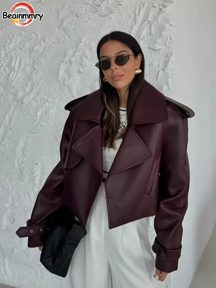 Fashion Burgundy Lapel Leather Jackets For Women Casual Loose Pockets Long Sleeve Coats Autumn Lady High Street Outerwear