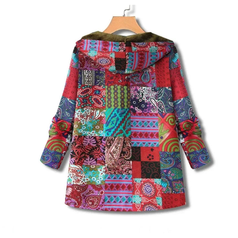 Thickened Zipper Hooded Coat Coat Coat Autumn and Winter New Cotton and Hemp Coat Women's Vintage Warm Printing Pocket