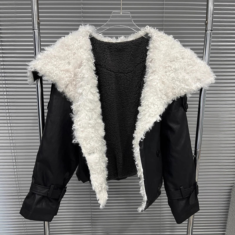 Autumn Winter New Niche Design Lamb Wool Patchwork Warm Leather Jacket For Women Loose Double-breasted Coat 11A07816