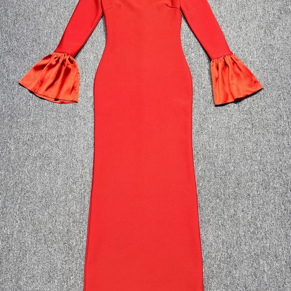 2024 Sexy Women's Bandage Long Dress with One Collar Shoulder and Horn Sleeve Bodycon Dress Cocktail Evening Party Vestidos Red