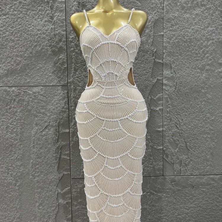 Hot Sale Women Sleeveless Sexy Strap Pearl Beading Bodycon Long Dress Celebrate Evening Party Birthday Cocktail Outfit