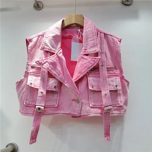 Retro Pink Large Pocket Denim Suit Spring Summer Sleeveless Short Vest High Waist Hip Wrapped Skirt 2 Pieces Sets Women Outfits Pink vest