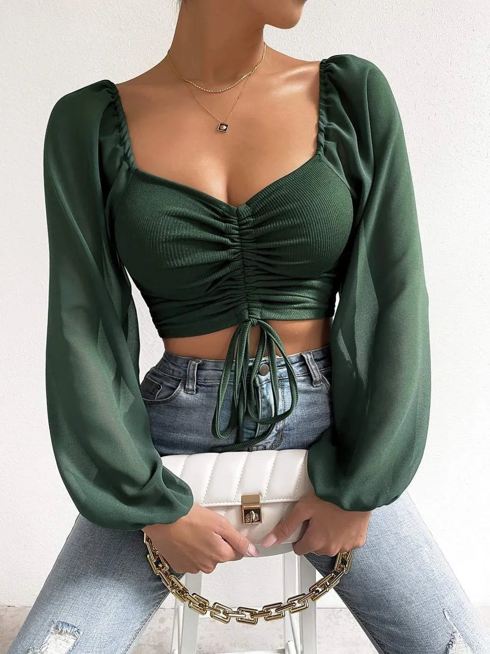 Woman’s Tops Puff Sleeve Sexy Close-Fitting Summer and Spring Lace up V-neck Fashion Solid Color Simple Long Sleeve Hot