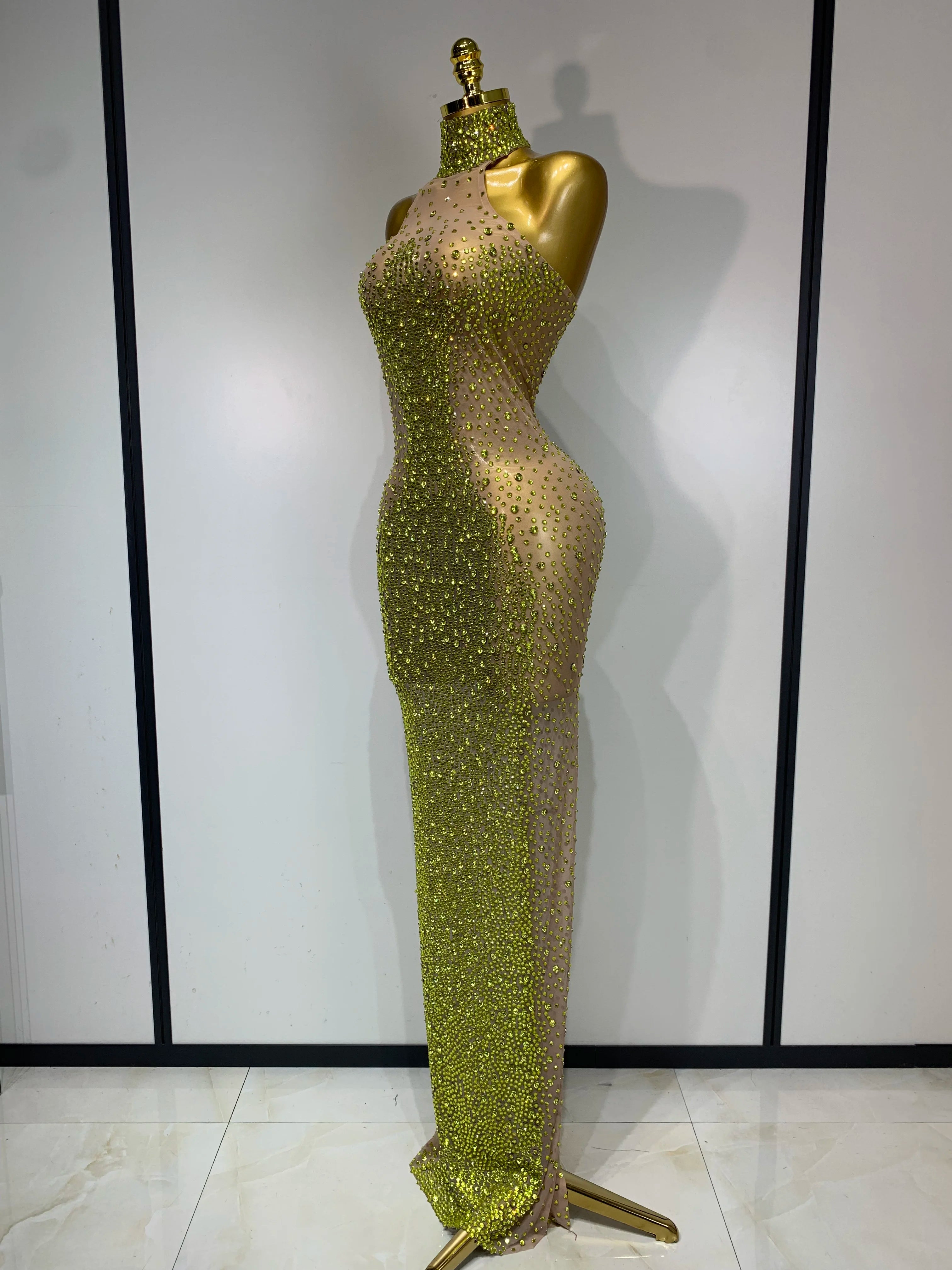 Women Luxury Birthday Celebrate Dress Dancer Party Show Stage Outfit 2025 Sparkly Rhinestone Elastic Mesh See Through Long Dress