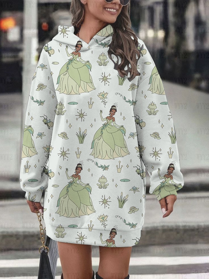 Women's Hoodie Dress Fall Fashion Print Long Sleeve Hooded Dress Women Disney Mermaid Women's Sweatshirt Streetwear YNSLMS021