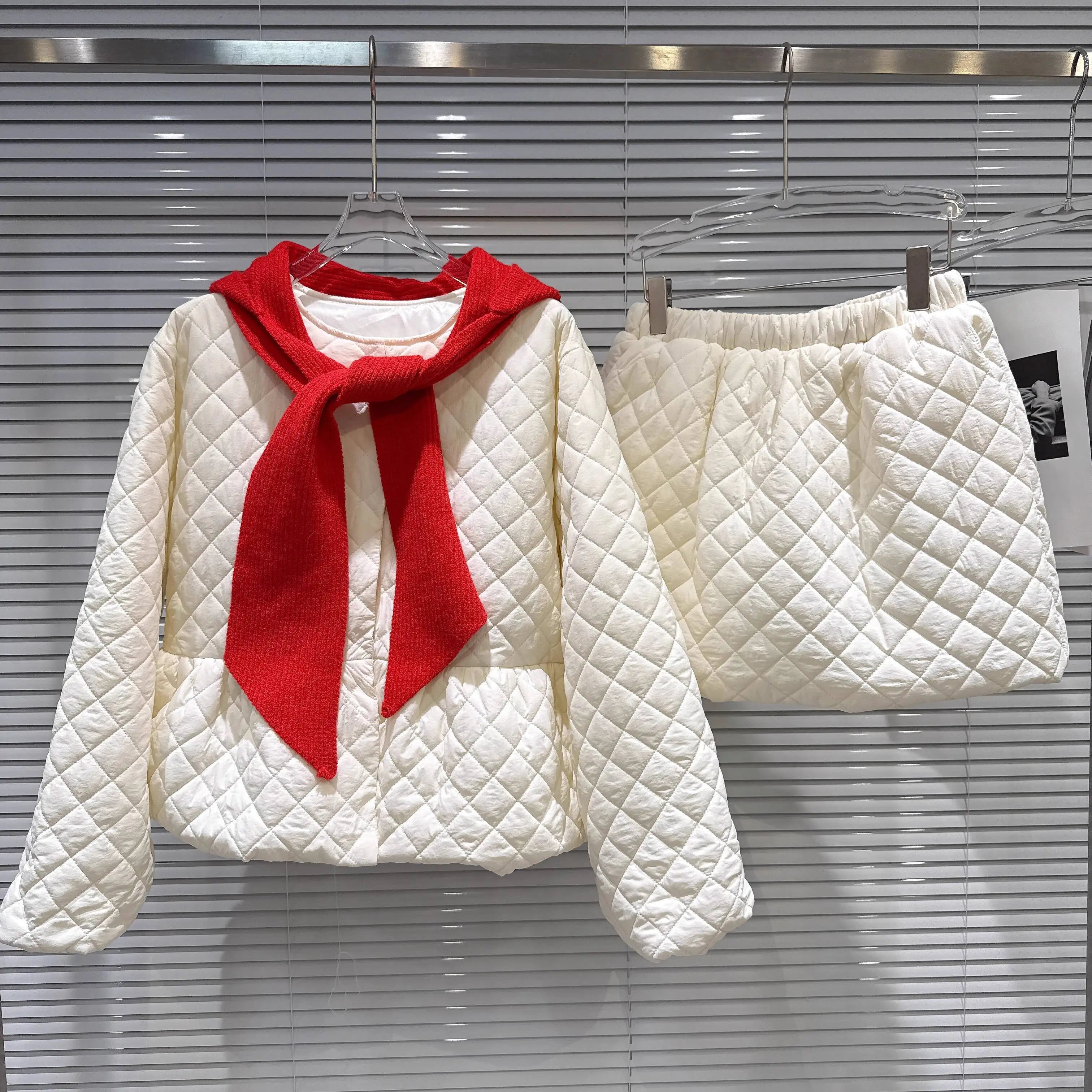 Winter New Temperament Knitted Hooded Scarf Cotton Padded Jacket Elastic Waist Short Skirt Set For Women 11A07798 White Suit One Size