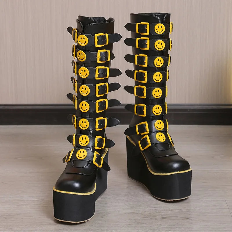 Plus Size 43 Black Gothic Vampire Halloween Cosplay Punk Buckle Street Platform Wedge High Heel Boots Women Shoes