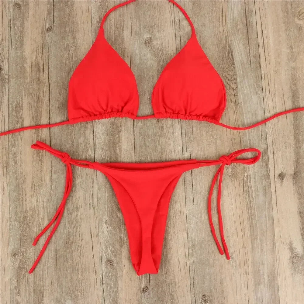 Women Thong Bikini Set Side Tie Sexy Swimsuit Bandage Style Brazilian Swimwear Neck Hanging Solid Color Adjustable Swimsuit Set Red