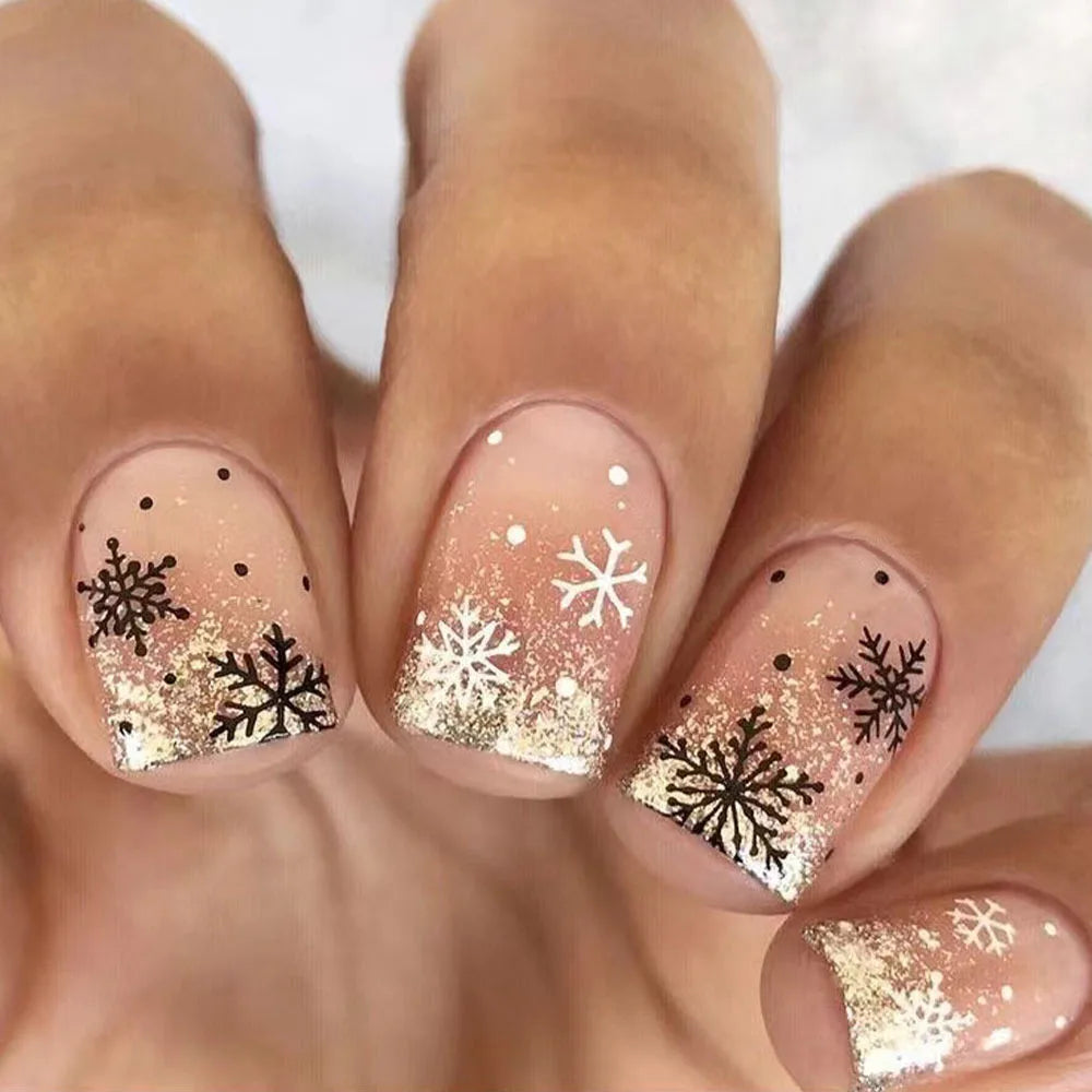 24Pcs Xmas Press on Nails Christmas Short Square Fake Nails Wearable Snowflake Design False Nails with Golden Powder Nail Tips 430
