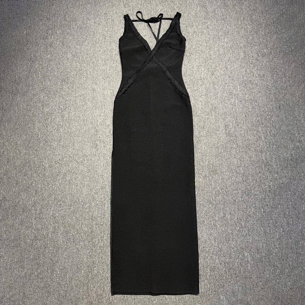 Seductive Black Deep V-Neck Strappy Backless Sleeveless High Slit Maxi Dress for Party Date Night Gown black