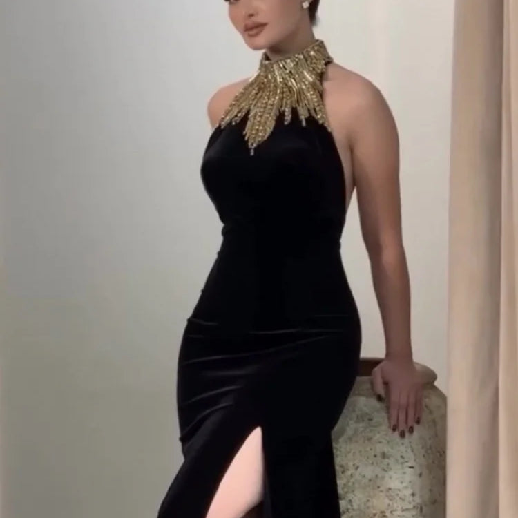 Golden Beading Women Sexy Off the Shoulder Bodycon Long Bandage Dress Fashion Celebrate Evening Party Outfit