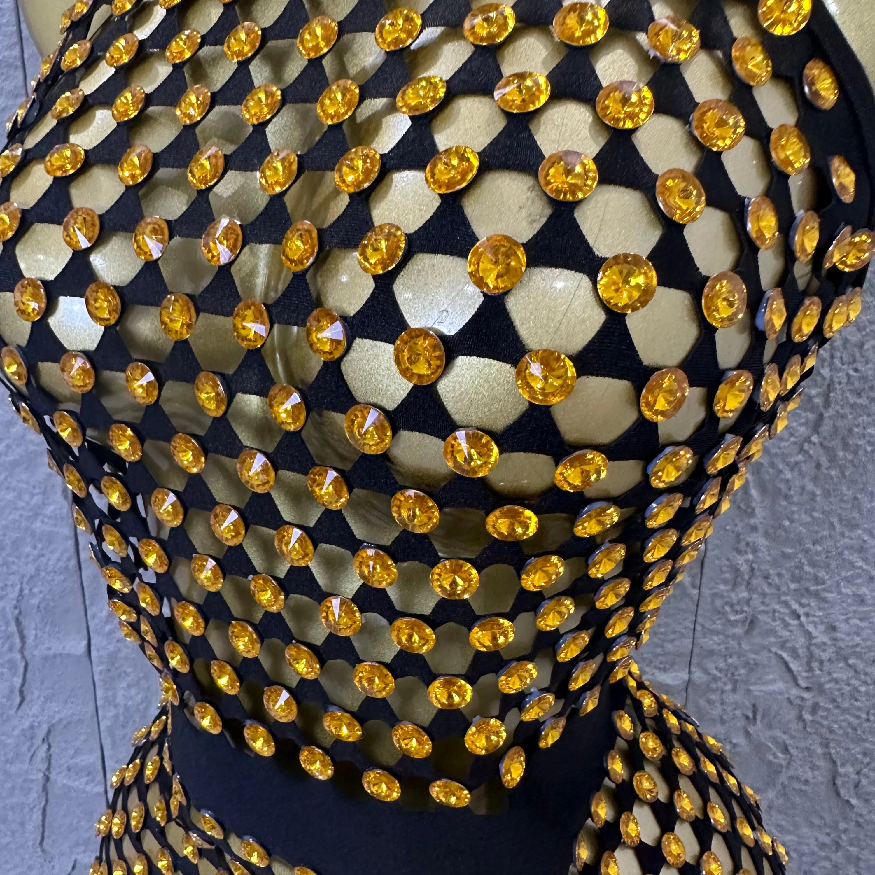 Luxury 2026 Glamorous Black Mesh Halter Mini Dress Sparkle Rhinestone Gold Silver Bead Bodycon Bar Stage Performance Costume