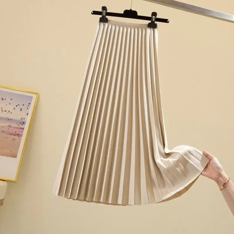 New Versatile Large Swing Skirt Slimming A-line Skirt New High-waisted Pleated Skirt for Women Spring and Autumn Mid-length beige